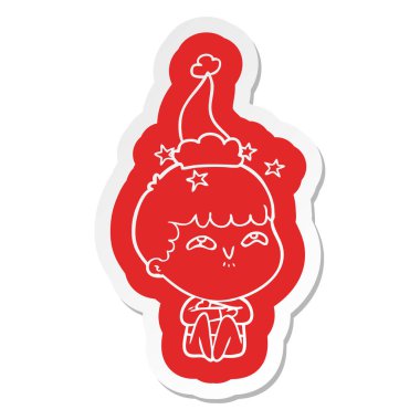 Noel Baba şapkası giyen bir hayran çocuğun ilginç çizgi film etiketi