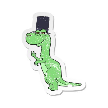 Silindir şapka giyen bir çizgi film dinozor Retro sıkıntılı etiket