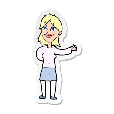 bir şey göstermek için el hareketi bir karikatür kadının etiket