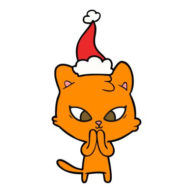Noel Baba şapkası giyen bir kedi sevimli çizgi çizme