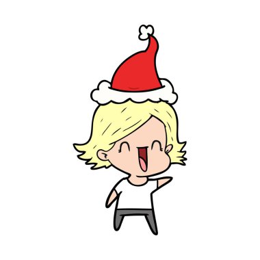 Noel Baba şapkası giyen bir mutlu kadın çizgi çizme