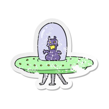 uçan daire içinde bir çizgi film yabancı Retro sıkıntılı etiket