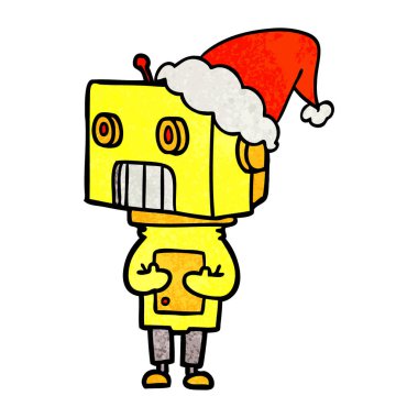 Noel Baba şapkası giyen bir robot dokulu çizgi film