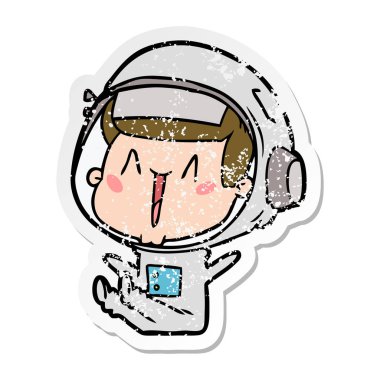 oturan bir mutlu karikatür astronotun sıkıntılı etiket