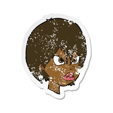 Retro etiket bir karikatür rahatsız kadının sıkıntılı