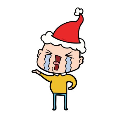 çizim için ağlayan bir kel adam Noel Baba şapkası giyen el çekilmiş