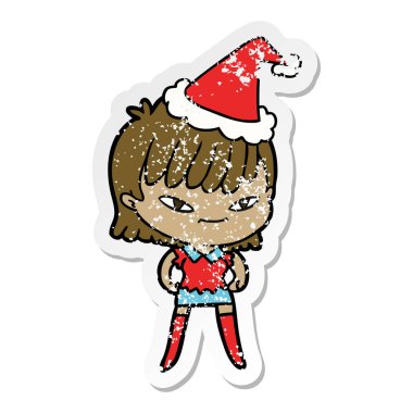 Noel Baba şapkası giyen bir kadın sıkıntılı etiket karikatür el çekilmiş