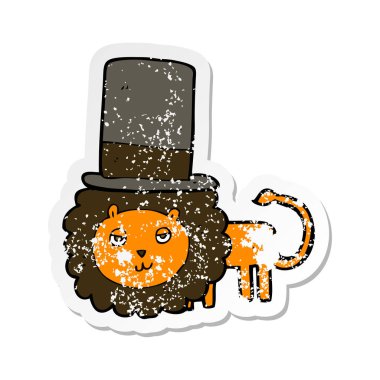 Retro sıkıntılı etiket silindir şapka içinde çizgi film aslan