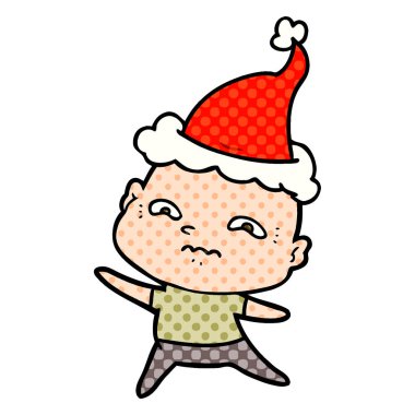 Noel Baba şapkası giyen bir gergin adam çizgi roman tarzı gösteren resim