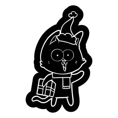 Noel Baba şapkası giyen bir kedinin komik karikatür simgesi