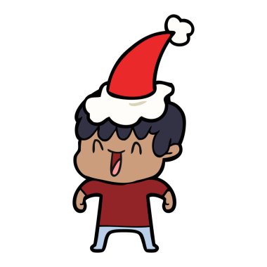 Noel Baba şapkası giyen bir gülen çocuk çizgi çizme