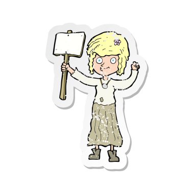 protesto işareti ile bir çizgi film hippi kız Retro sıkıntılı etiket