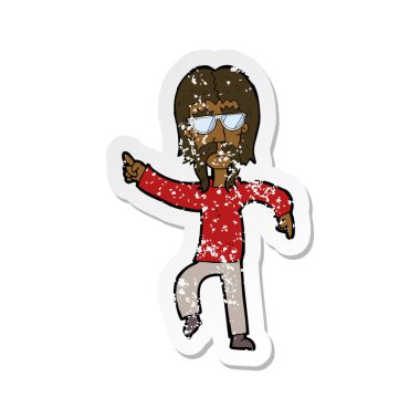 gözlük takan bir karikatür hippi adamın Retro sıkıntılı etiket