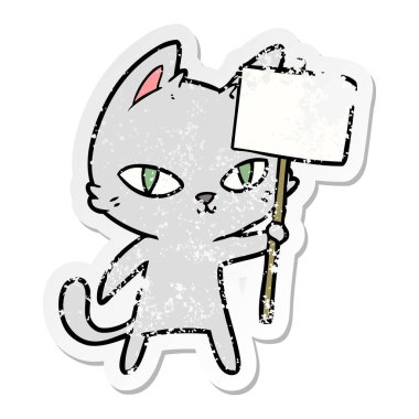 sıkıntılı etiket işareti sallayarak bir karikatür kedi 