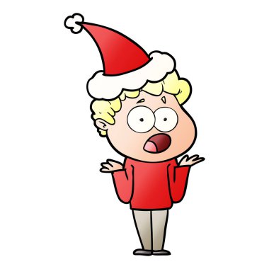 Noel Baba şapkası giyen sürpriz içinde nefes nefese bir adamın degrade çizgi film