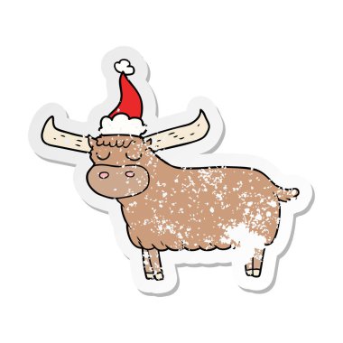 sıkıntılı etiket karikatür Noel Baba şapkası giyen boğa el çekilmiş