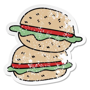 ilginç bir el sıkıntılı etiket karikatür veggie burger çizilmiş