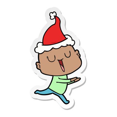 Noel Baba şapkası giyen kel bir adamın mutlu etiket çizgi film