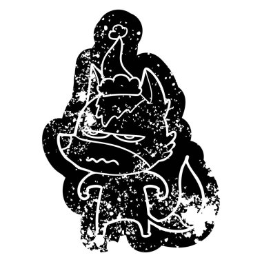 Noel Baba şapkası giyen rahatsız kurt karikatür sıkıntılı simgesi