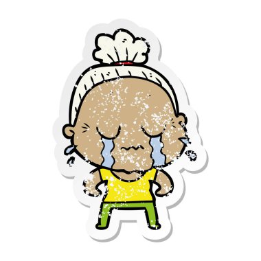 bir çizgi film ağlayan yaşlı kadının sıkıntılı etiket