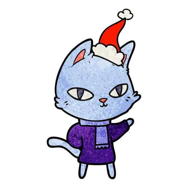 Desenhos animados texturizados de um gato olhando usando chapéu de Papai Noel — Vetor de Stock