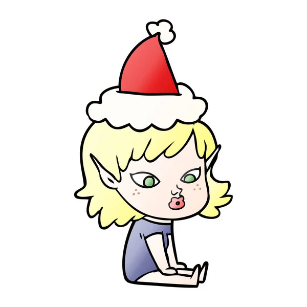 Desenho animado bastante gradiente de uma menina elfo vestindo chapéu de santa — Vetor de Stock