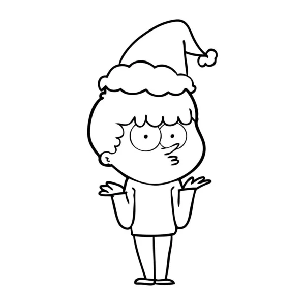 Line drawing of a curious boy shrugging shoulders wearing santa — Stock Vector