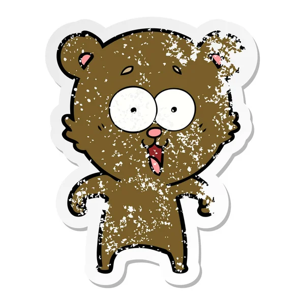 Verontruste sticker van een lachende teddy bear cartoon — Stockvector