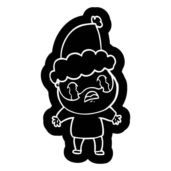 一个长胡子的男人戴着圣诞老人的帽子哭着的古怪的卡通图标 — 图库矢量图片