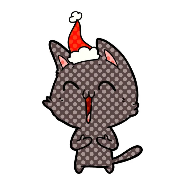 Glückliche Illustration einer Katze im Comic-Stil mit Weihnachtsmütze — Stockvektor