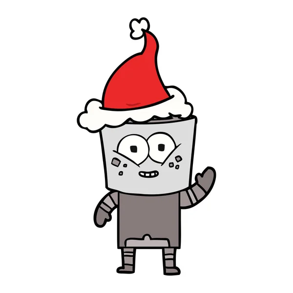 Dibujo Línea Dibujado Mano Feliz Robot Saludando Con Sombrero Santa — Archivo Imágenes Vectoriales