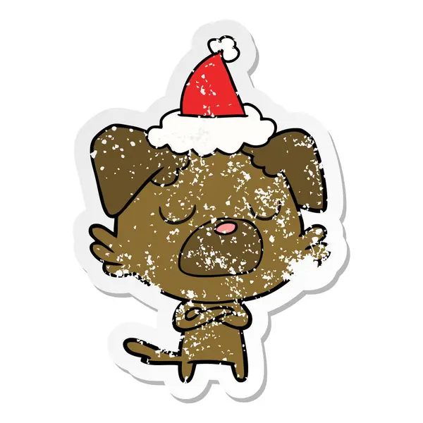 Von Hand Gezeichneter Aufkleber Karikatur Eines Hundes Mit Weihnachtsmütze — Stockvektor