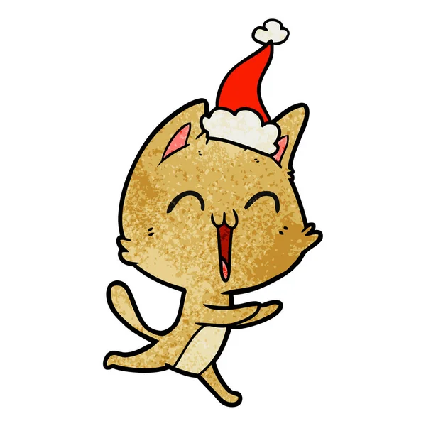 산타 모자를 쓰고 meowing 고양이의 행복 한 질감된 만화 — 스톡 벡터