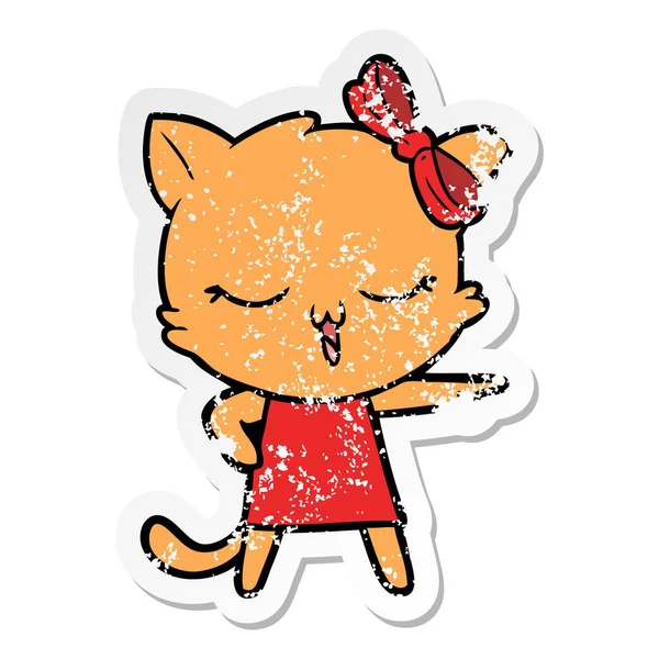 Verontruste Sticker Van Een Cartoon Kat Met Strik Hoofd — Stockvector