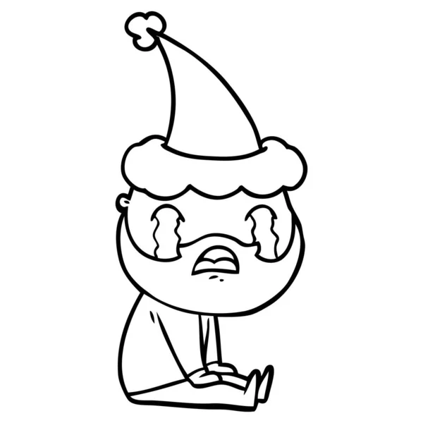 Línea de dibujo de un hombre barbudo llorando con sombrero de santa — Vector de stock