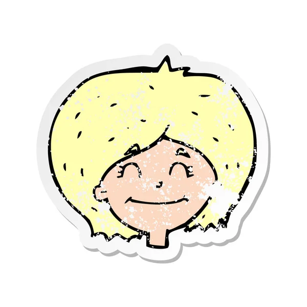Retro Distressed Sticker Cartoon Happy Female Face — Stock Vector
