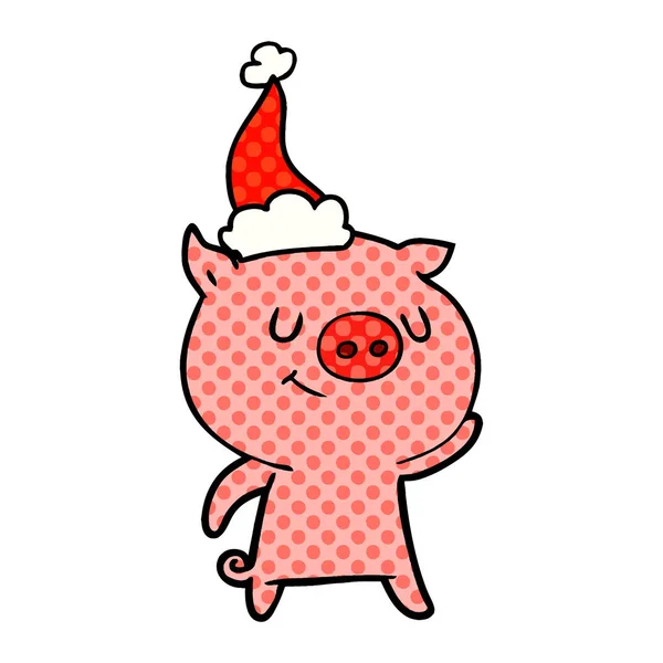 Happy comic book style illustration of a pig wearing santa hat — Stock Vector
