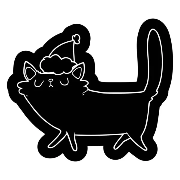 サンタの帽子を身に着けている黒い猫の漫画のアイコン — ストックベクタ