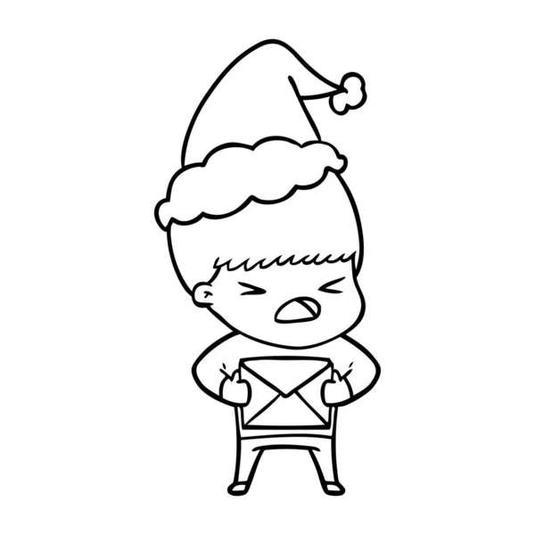 Hand Drawn Line Drawing Stressed Man Wearing Santa Hat — Stock Vector