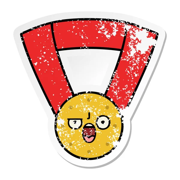 Verontruste sticker van een leuke cartoon gouden medaille — Stockvector