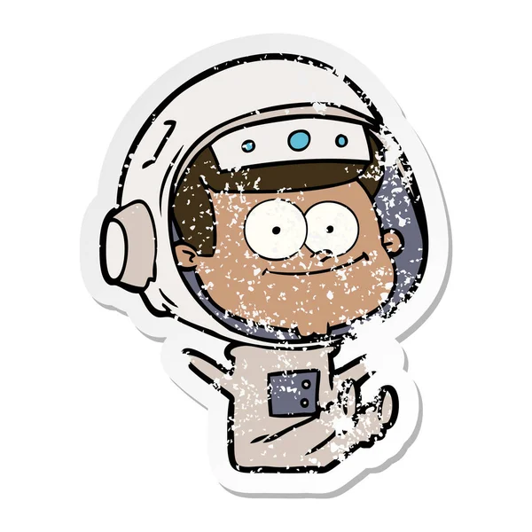 Distressed Sticker Happy Astronaut Cartoon — Stock Vector