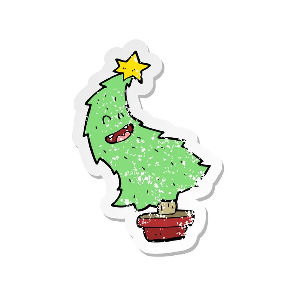 Autocollant de détresse rétro d'un dessin animé dansant arbre de Noël — Image vectorielle