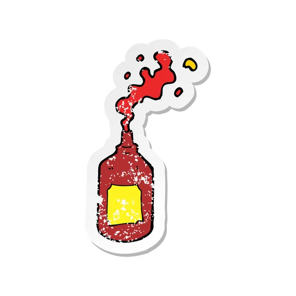 Retro nödställda klistermärke av en tecknad spruta ketchup flaska — Stock vektor