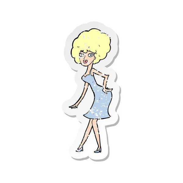 Retro Distressed Sticker Cartoon Woman Posing Dress — Stock Vector