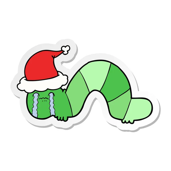 Bir Tırtıl Saplantı Haline Etiket Karikatür Noel Baba Şapkası Giyen — Stok Vektör