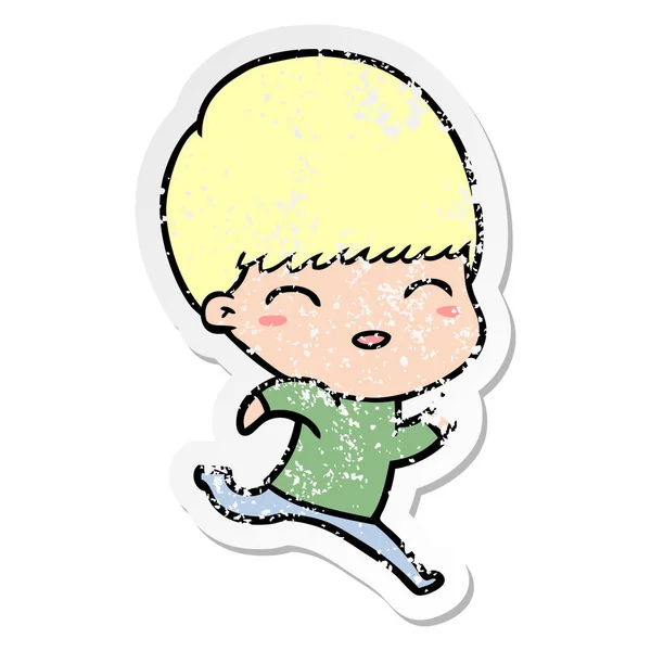 Verontruste sticker van een happy cartoon-jongen — Stockvector