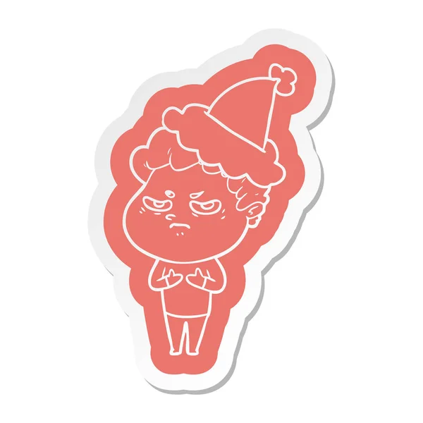 Cartoon  sticker of a angry man wearing santa hat — Stock Vector