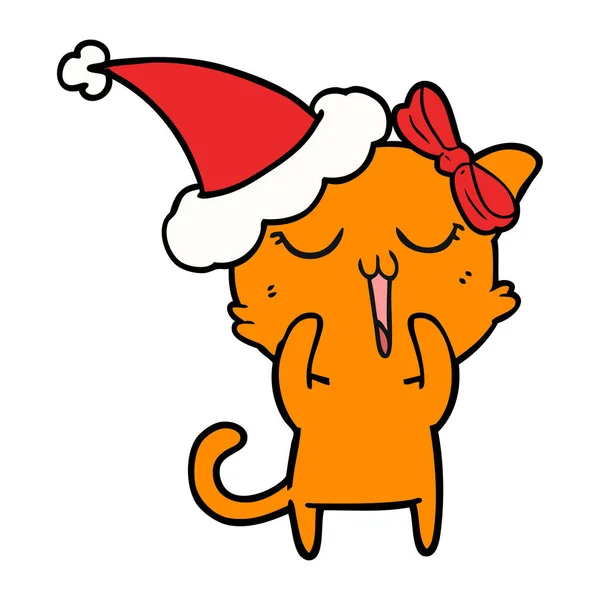 Disegno a linee di un gatto che indossa il cappello di Babbo Natale — Vettoriale Stock