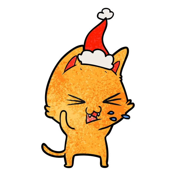 Dessin Animé Texturé Main Chat Sifflant Portant Chapeau Père Noël — Image vectorielle