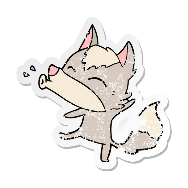 Verontruste sticker van een huilende wolf cartoon — Stockvector